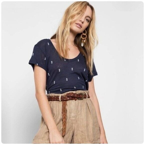 Rails Navy Blue Mini Pineapple Print Linen Blend Luna Scoop Neck T Shirt Small - Picture 1 of 10